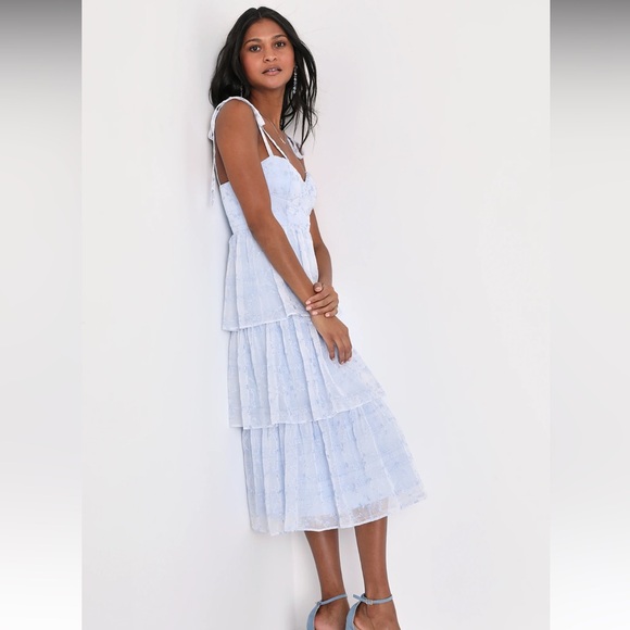Lulus NWT Vineyard Visit Blue Embroidered Tie-Strap Tiered Midi Dress - Picture 13 of 14